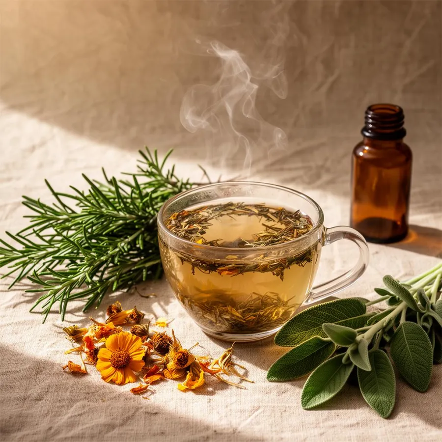 Chá de ervas, alecrim, sálvia e calêndula em ambiente natural
